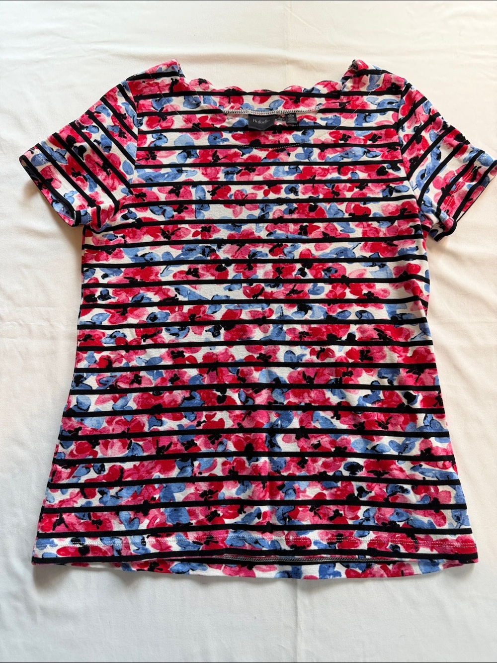 Rafaella Pink and Blue Floral Stripe Short Sleeve Tee